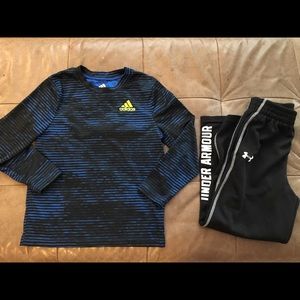 UnderArmour Black Pants and Adidas Striped Shirt